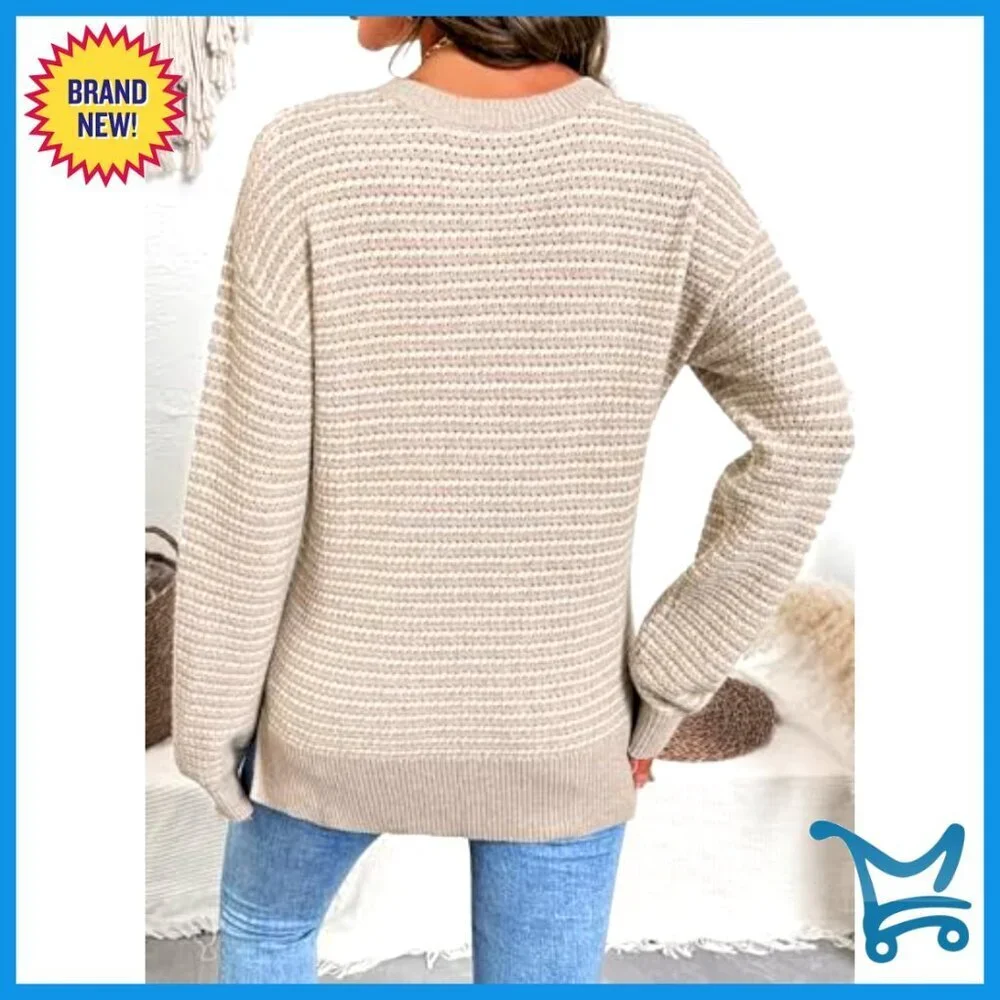 Long Sleeve Crewneck Striped Pullover Sweater Side Split Y2K Chic Casual